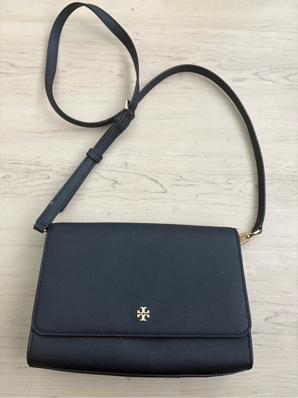 Tory Burch Black Saffiano Leather Crossbody with Gold Logo